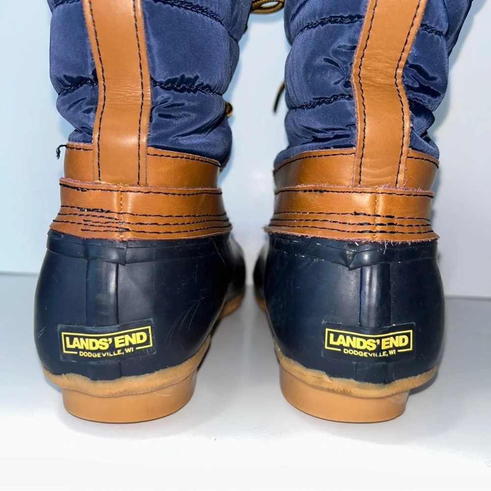 Lands' End Duck Boots Women's 7.5 Sherpa Lined Navy Camel Waterproof Lace Up‎